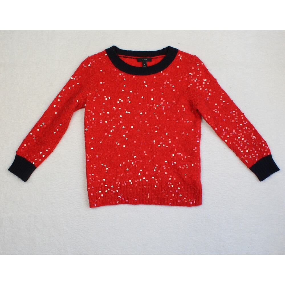 J Crew Sweater Women Small Red Black Wool Mohair Blend Sequin Preppy Long Sleeve